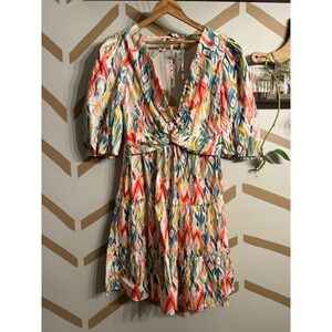 Veronica M Mini Dress Womens XL Multicolor Ikat Puff Sleeve V-Neck DSS-2812